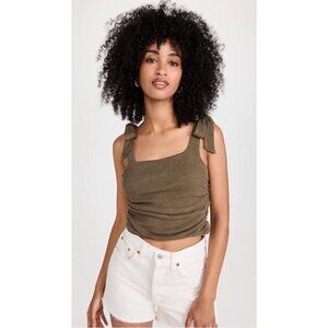 Free People Womens Square Neck Tie-Strap Olive Ruched Ribbed Knit Crop Top S